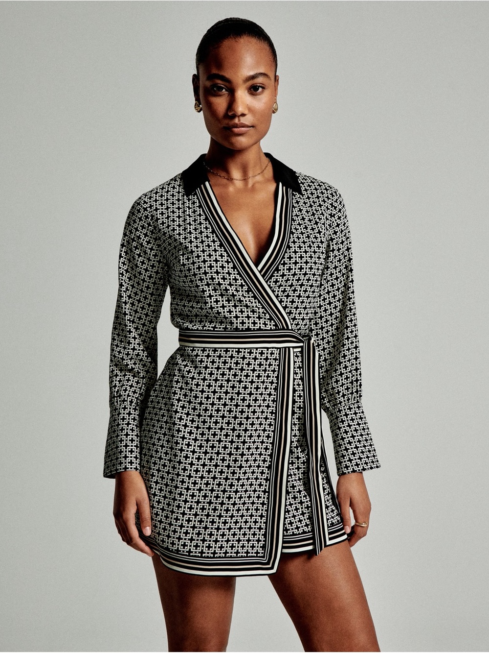 Zara Black and White Geometric Wrap Mini Dress